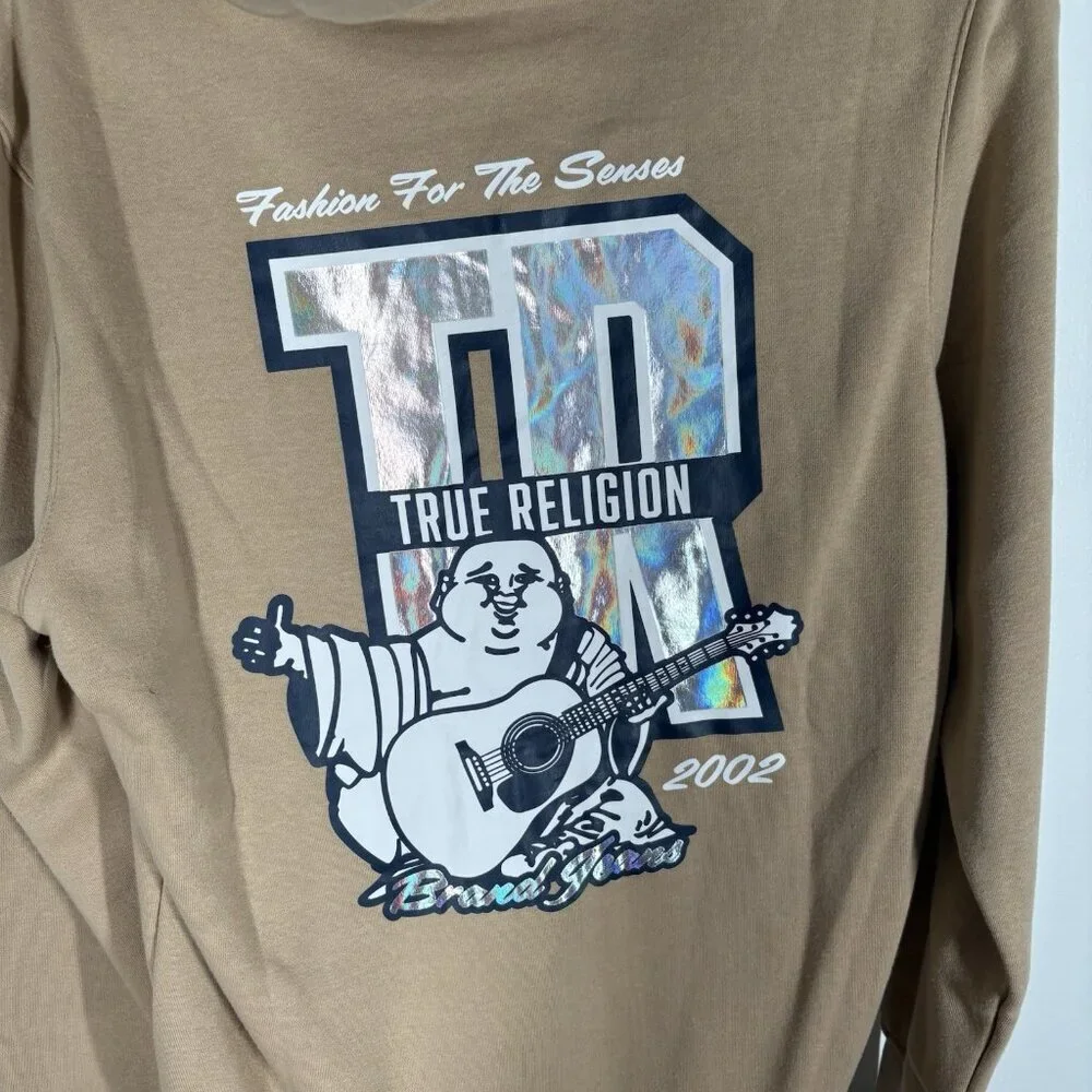 True Religion Men M Travertine Tan Fleece Y2K 90s Iridescent Logo Zip Hoodie NWT